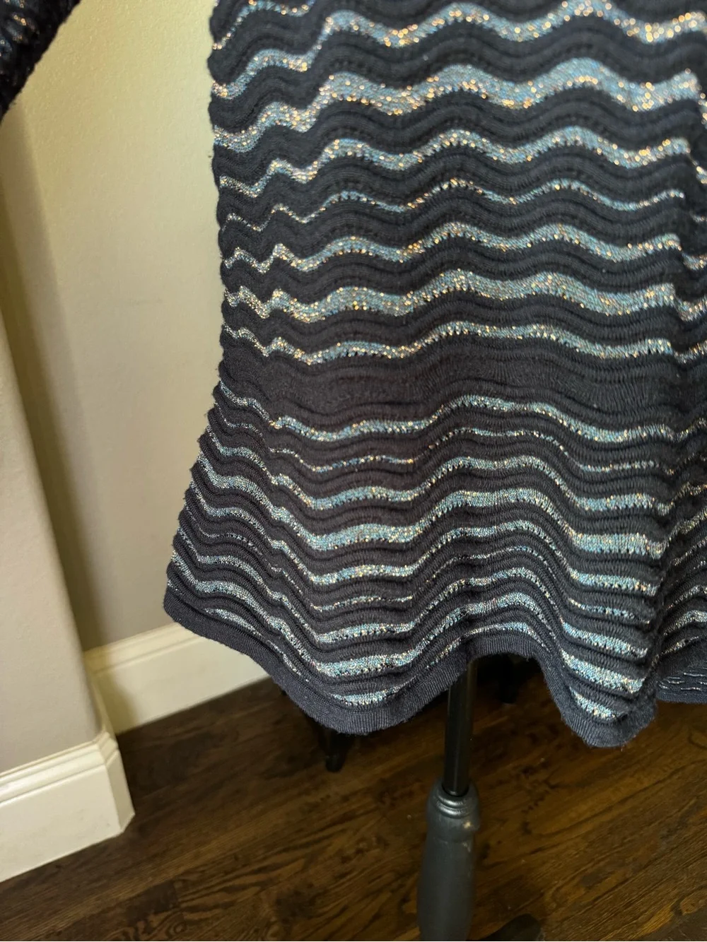Tory Burch Lurex Blue Metallic Wave Scallop Knit Sweater Large Merino Wool L